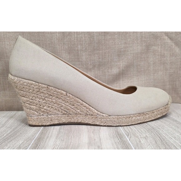 J Crew Beige Cream Canvas Woven Wicker Seville Espadrilles Wedge Heel Size 10.5 - Picture 3 of 10